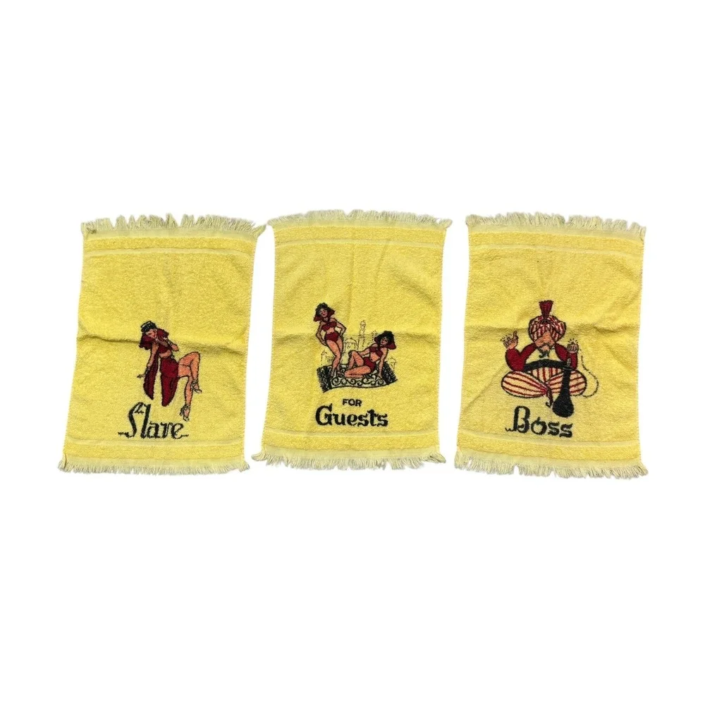 Cannon Yellow Novelty Hand Towel Set 3 Boss Slave Guests Harem Pinup Vintage